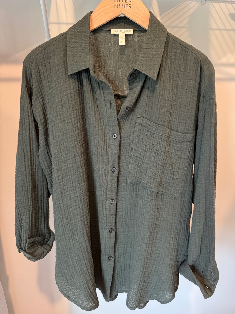 Eileen Fisher Gauze Button Down Olive Green Casual Millennial Style Tunic Length